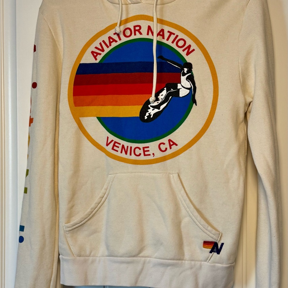 Aviator Nation Cream Crewneck Sweatshirt with Rainbow Surf Logo